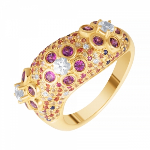 Кольцо из золота с родолитами, бриллиантами и сапфирами (цветы)
