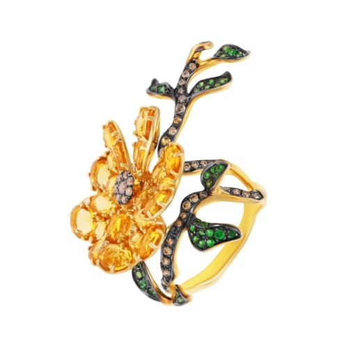 Кольцо из золота с бриллиантами, цаворитами и цитринами (цветы)
