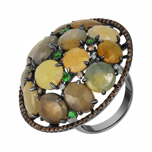 Кольцо из черного золота с корундами, бриллиантами и цаворитами