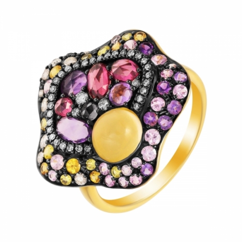 Кольцо из золота с цветными камнями, бриллиантами и сапфирами