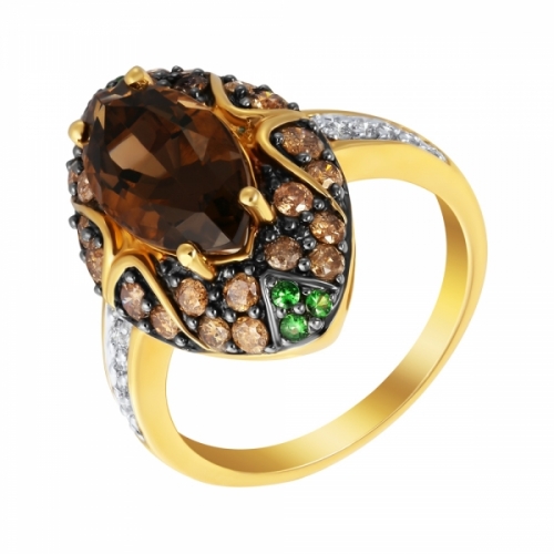 Кольцо из золота с бриллиантами, цаворитами и раухтопазом