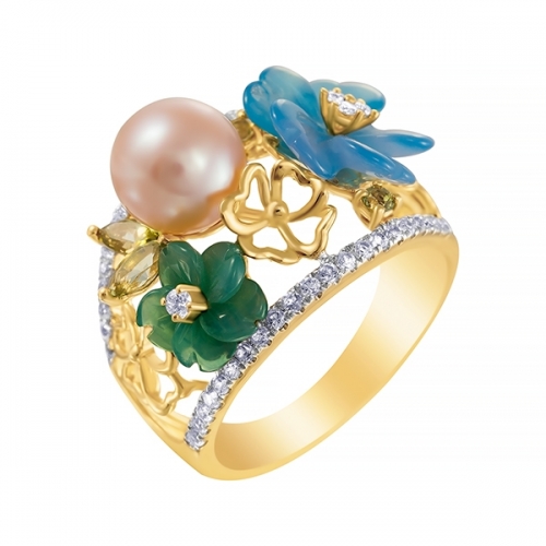 Кольцо из золота с жемчугом, бриллиантами и цветными камнями (цветы)