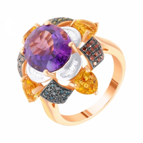 Кольцо из золота с аметистом, бриллиантами и цитринами (цветы)