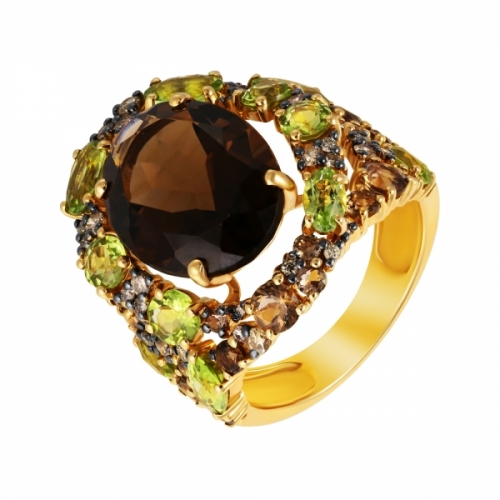 Кольцо из золота с бриллиантами, раухтопазами и перидотами