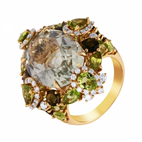Кольцо из золота с аметистом, бриллиантами, турмалинами и перидотами