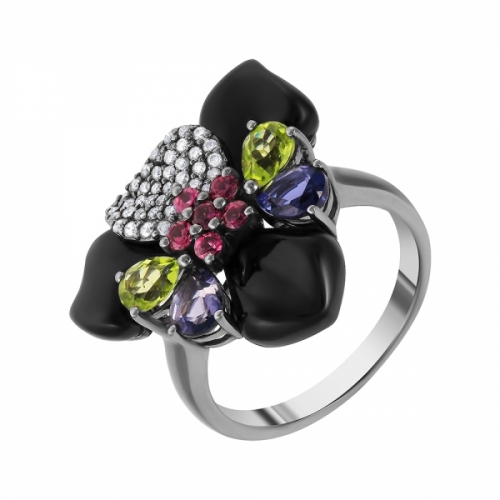 Кольцо из черного золота с ониксом, бриллиантами и цветными камнями (цветы)