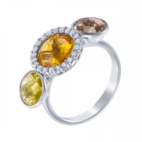 Кольцо из белого золота с бриллиантами и цветными камнями