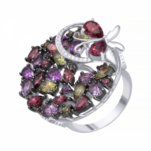 Кольцо из белого золота с цветными камнями и бриллиантами (бабочки)
