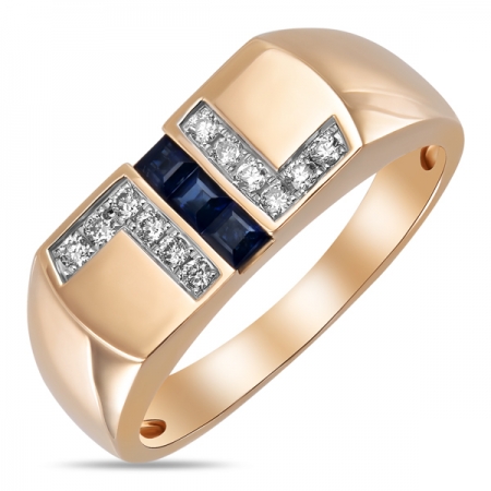 Т-33673 мужское золотое кольцо c бриллиантами и сапфирами