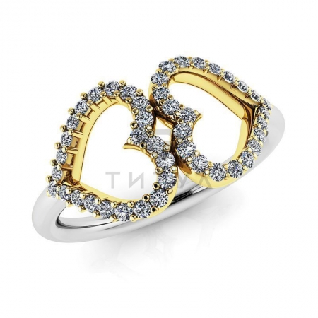 М-11812 модное кольцо в виде сердец с муассанитами из золота двух цветов