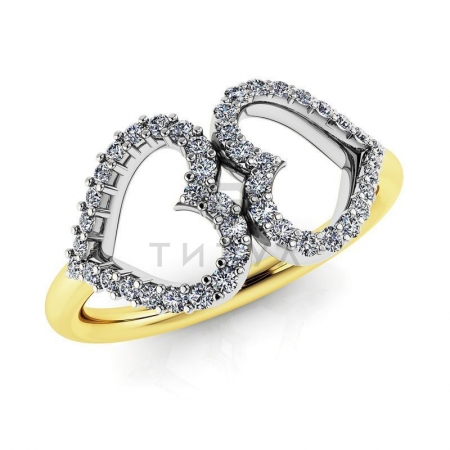 Модное кольцо в виде сердец с муассанитами из золота двух цветов