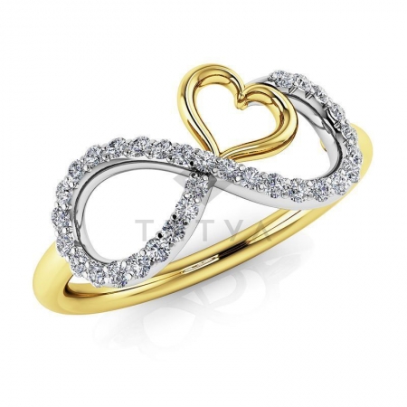 Модное кольцо в виде символа бесконечности с муассанитами из золота двух цветов