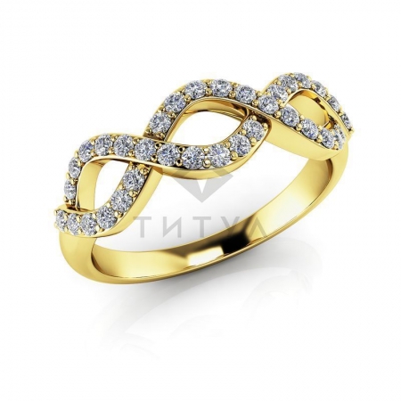 М-11885 модное плетеное кольцо с муассанитами из желтого золота