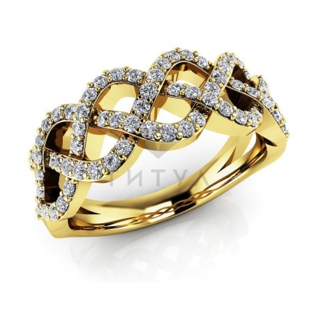 М-11889 модное кольцо в виде косички  с муассанитами из желтого золота