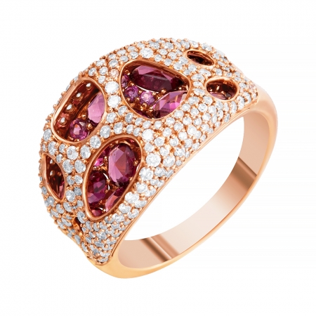 Кольцо из розового золота 585 пробы с бриллиантами и родолитами
