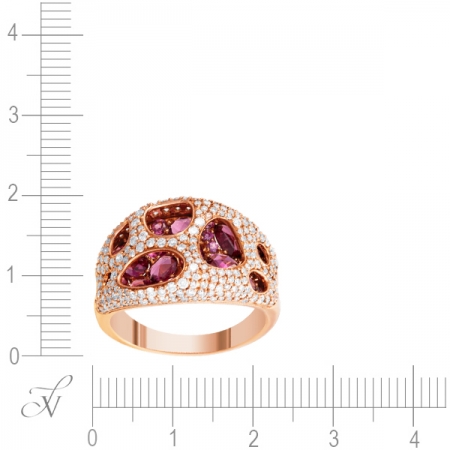 Кольцо из розового золота 585 пробы с бриллиантами и родолитами