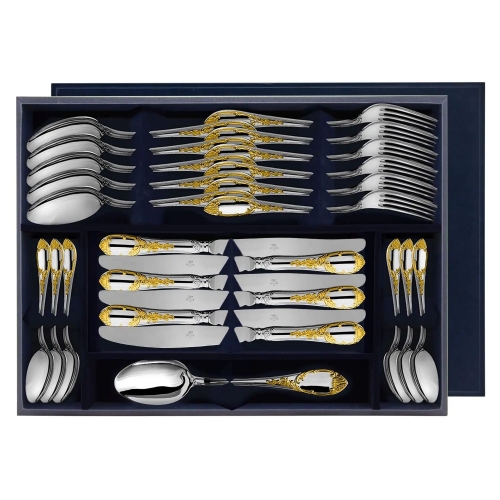 Набор столовый "Престиж": вилка, ложка, нож, чайная ложка с позолотой (Серебро 925)