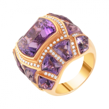 Кольцо из розового золота 585 пробы с аметистами и бриллиантами