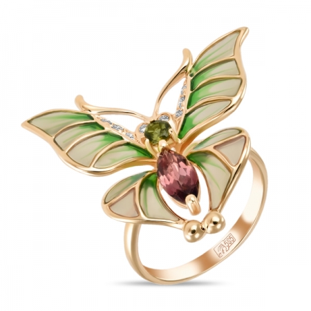 Ювелирная компания «ТИТУЛ» Золотое кольцо c бриллиантами, эмалью и турмалинами Весенние бабочки