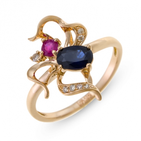 Ювелирная компания «ТИТУЛ» Золотое кольцо c бриллиантами, рубином и сапфиром