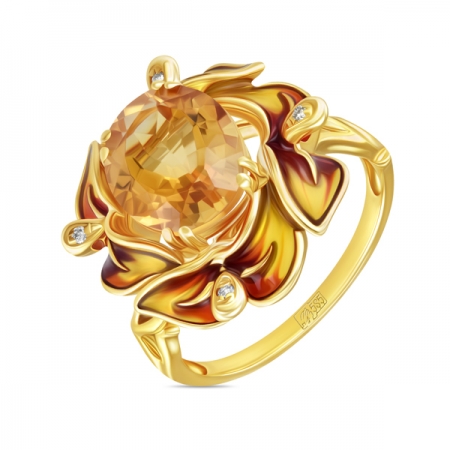 Ювелирная компания «ТИТУЛ» Кольцо Цветок из желтого золота c цитрином, бриллиантами и эмалью