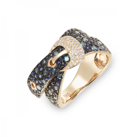 Т-33578 золотое кольцо в виде ремня c бриллиантами и сапфирами