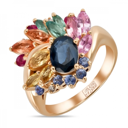 Ювелирная компания «ТИТУЛ» Золотое кольцо c бриллиантами, изумрудами, рубинами и сапфирами
