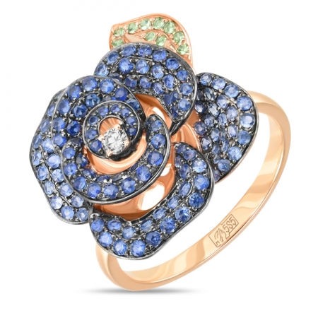Ювелирная компания «ТИТУЛ» Золотое кольцо Синяя роза c бриллиантом, гранатами и сапфирами