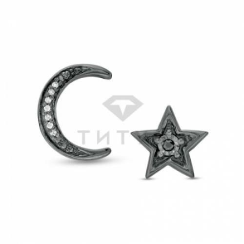 Серьги-гвоздики "Звезда и луна" из серебра с бриллиантами