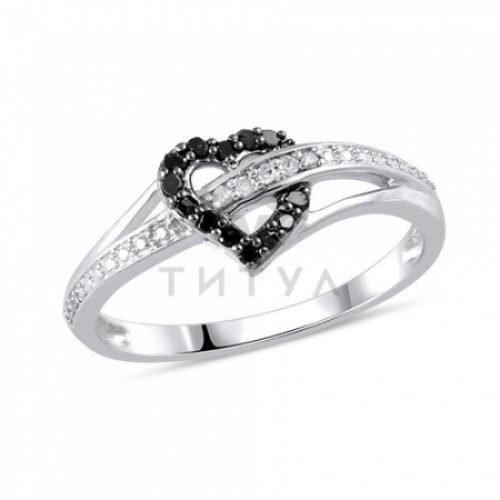 Кольцо с сердцем из серебра с черными бриллиантами