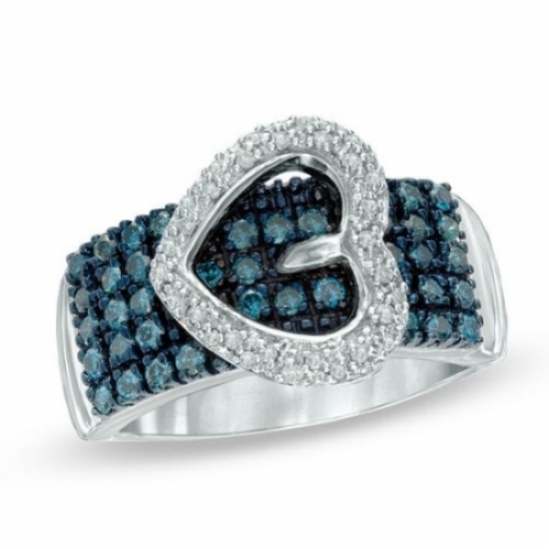 Кольцо в форме сердца из серебра с голубыми бриллиантами