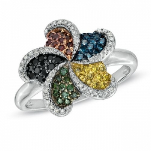 Кольцо в виде цветка из серебра с разноцветными бриллиантами