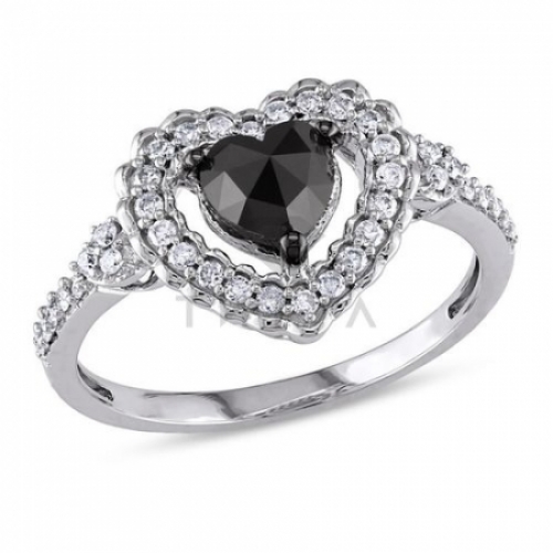 Кольцо из белого золота с черным бриллиантом в форме сердца