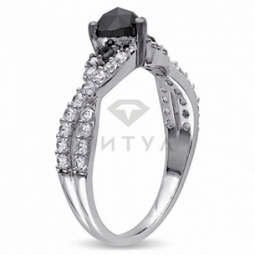 Кольцо из серебра с белыми сапфирами и черным бриллиантом в форме сердца