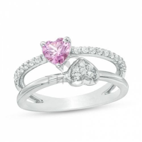 Кольцо из серебра с розовым и белым сапфиром в форме сердца