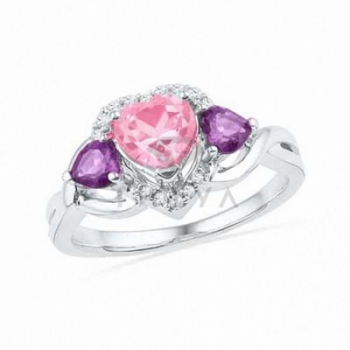 Кольцо в виде сердца из серебра с розовым сапфиром и аметистом и бриллиантом