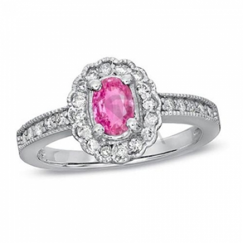 Кольцо из белого золота с розовым сапфиром и бриллиантом