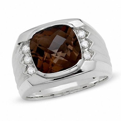 Мужское кольцо из белого золота с кварцем и бриллиантом