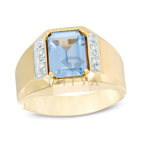 Мужское кольцо из желтого золота с аквамарином и бриллиантом