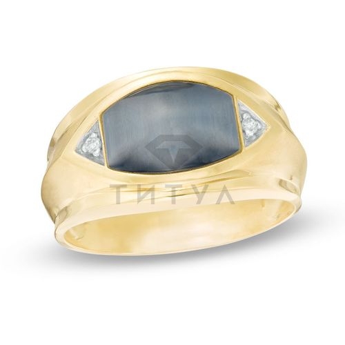 Мужское кольцо из желтого золота с кошачьим глазом  и бриллиантом