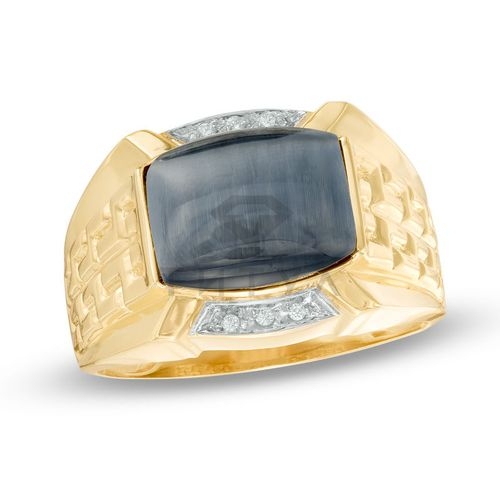 Мужское кольцо из желтого золота с кошачьим глазом  и бриллиантом