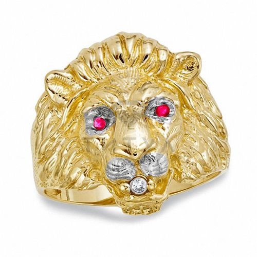 Мужское кольцо Лев из желтого золота с рубинами и бриллиантом