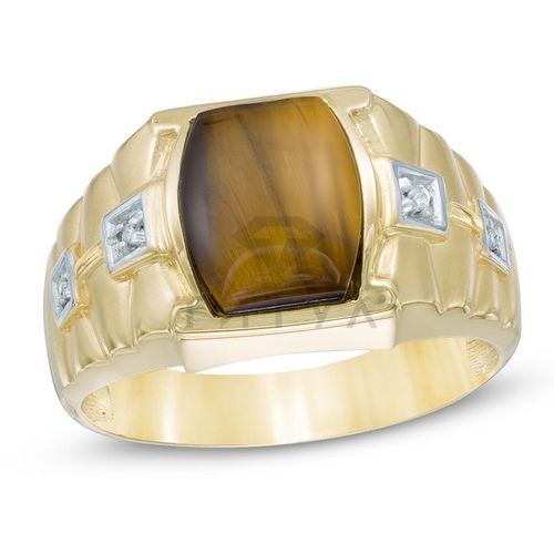 Мужское кольцо из желтого золота с тигровым глазом и бриллиантом