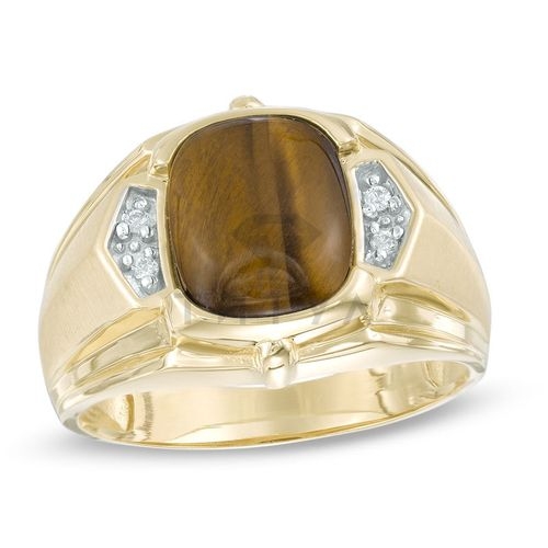 Мужское кольцо из желтого золота с тигровым глазом и бриллиантом