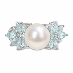 Женское кольцо из белого золота 585 пробы с белым жемчугом, аквамарином и бриллиантом