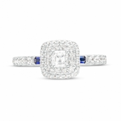 Помолвочное кольцо из белого золота необычайным бриллиантом Ашер, голубыми сапфирами и россыпью круглых бриллиантов