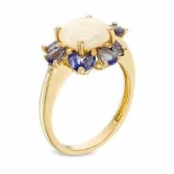 Женское кольцо из желтого золота 585 пробы с опалом, танзанитом и бриллиантом