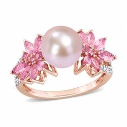 Женское кольцо из красного золота 585 пробы с розовым жемчугом, сапфиром и бриллиантами