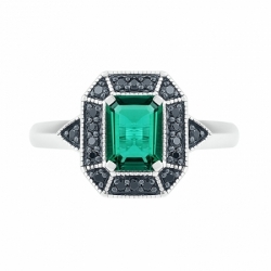 Женское кольцо из серебра с изумрудом и черным бриллиантом