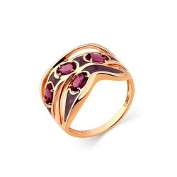 Женское кольцо из красного золота 585 пробы с родолитом и эмалью